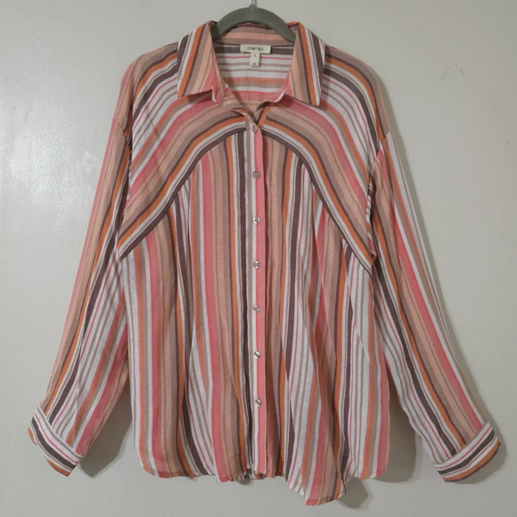 ✨️4/$20. COMO BLU Retro Striped Long Sleeve, Linen Look. Multi-Color, 70's - Picture 4 of 13